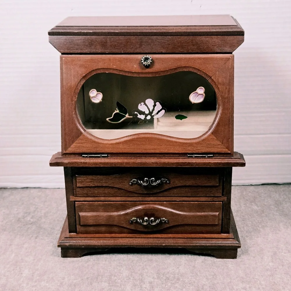 Vtg Wood Jewelry Box Stained Glass Floral Inlay 2 Drawers Ring Organizer Brown